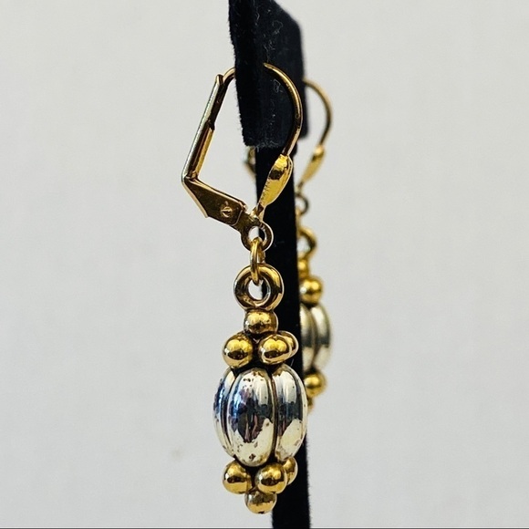 Earring dangle silver and gold cabochon and dragées. With lever back hooks - Picture 3 of 7